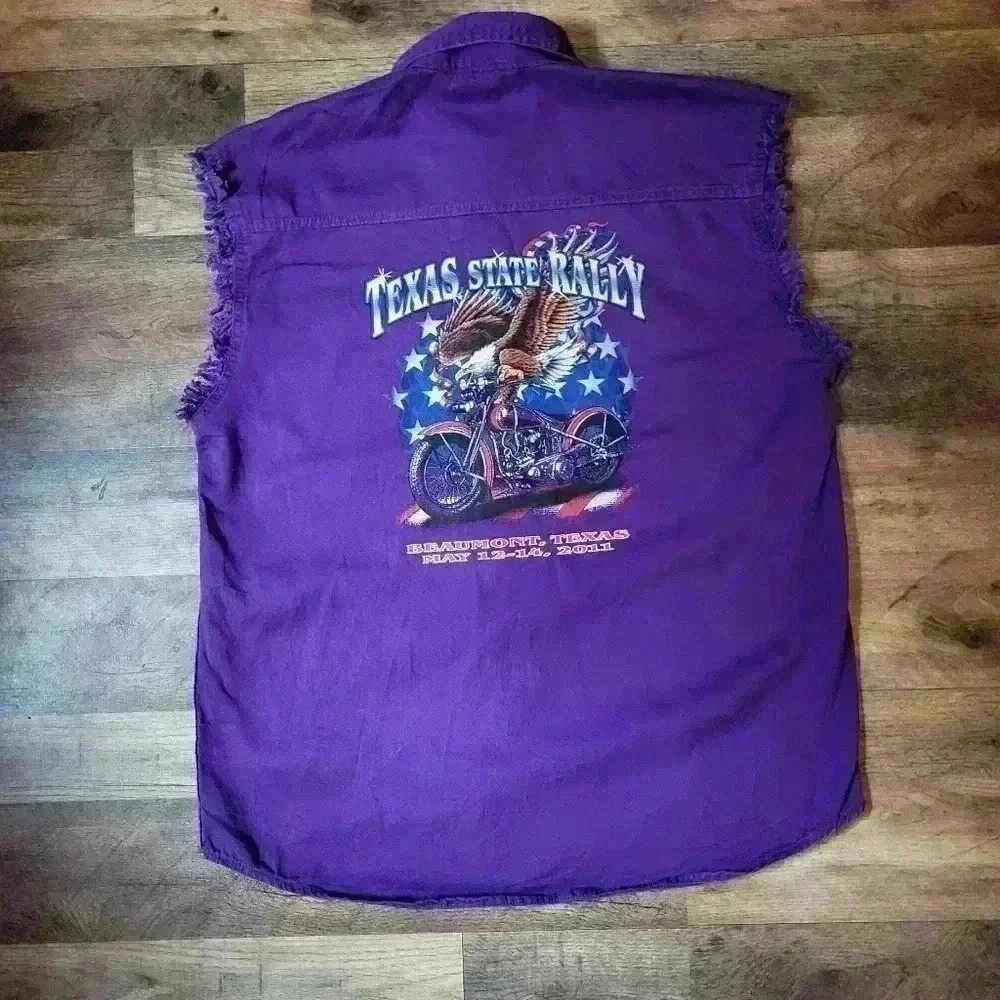 TX State Ralley 2011 Men's Motorcycle Denim Purple Sleeveless Buttondown Size L